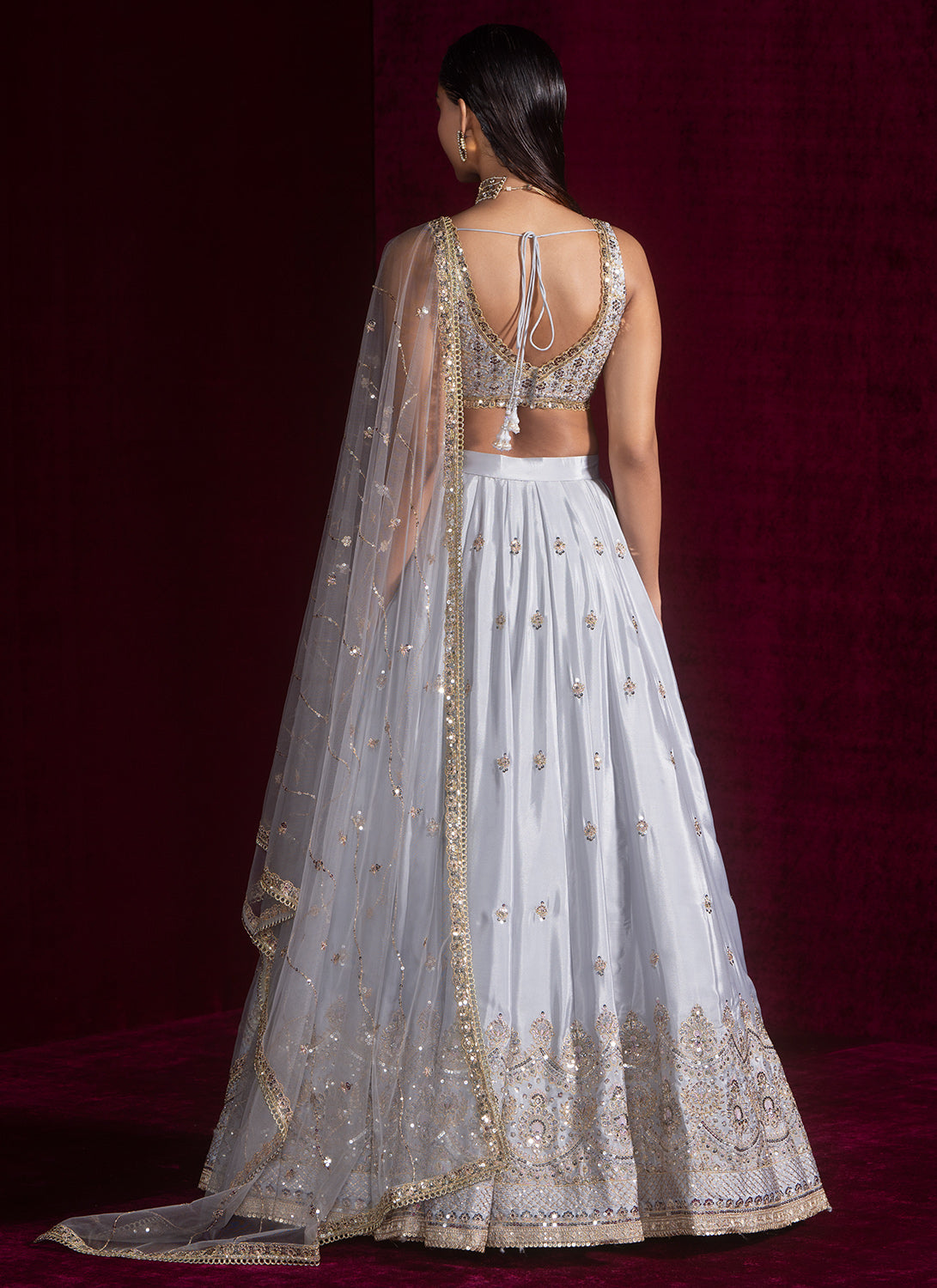 Grey Embroidered Silk Lehenga