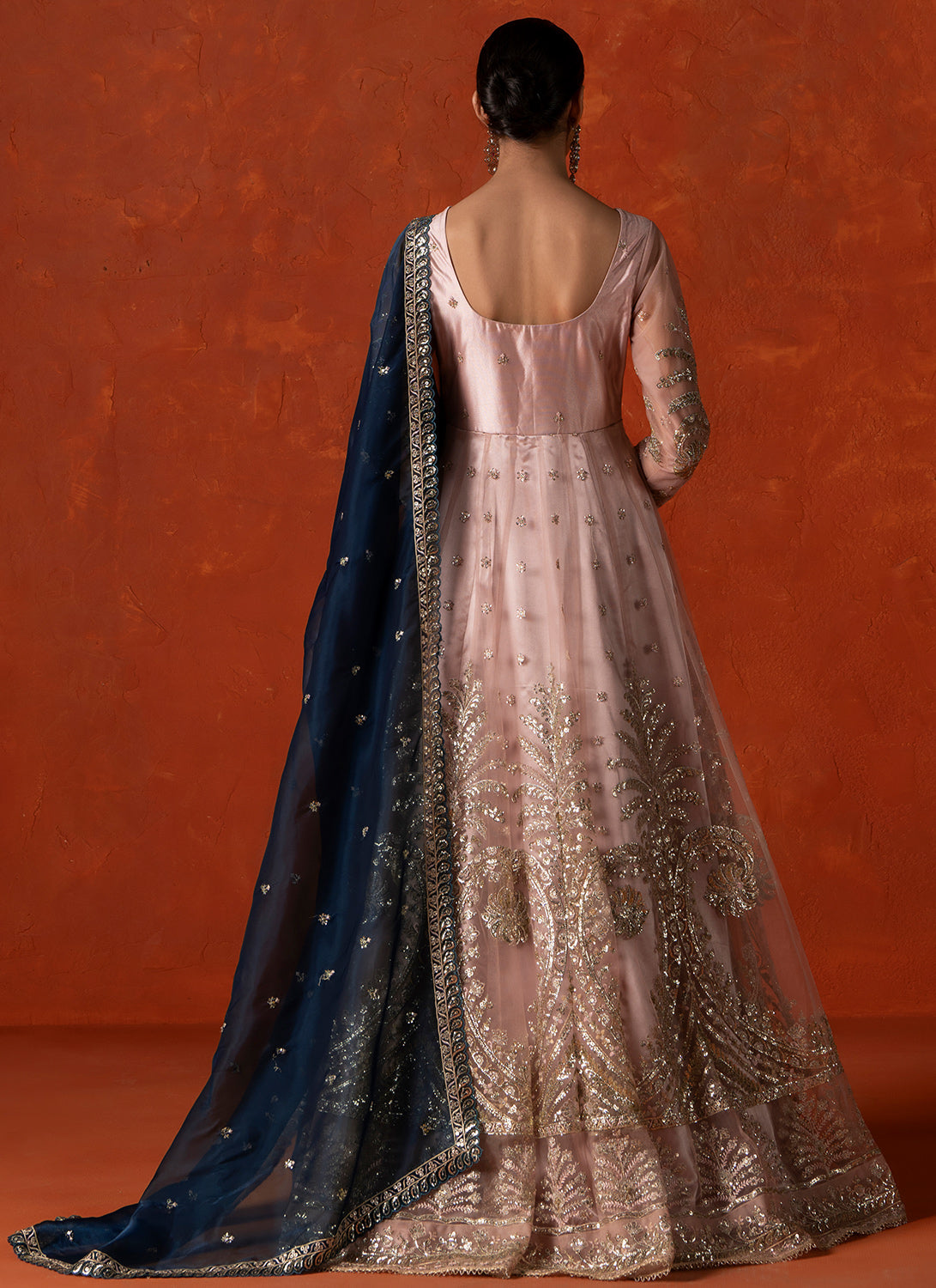 Peach and Blue Embroidered Anarkali