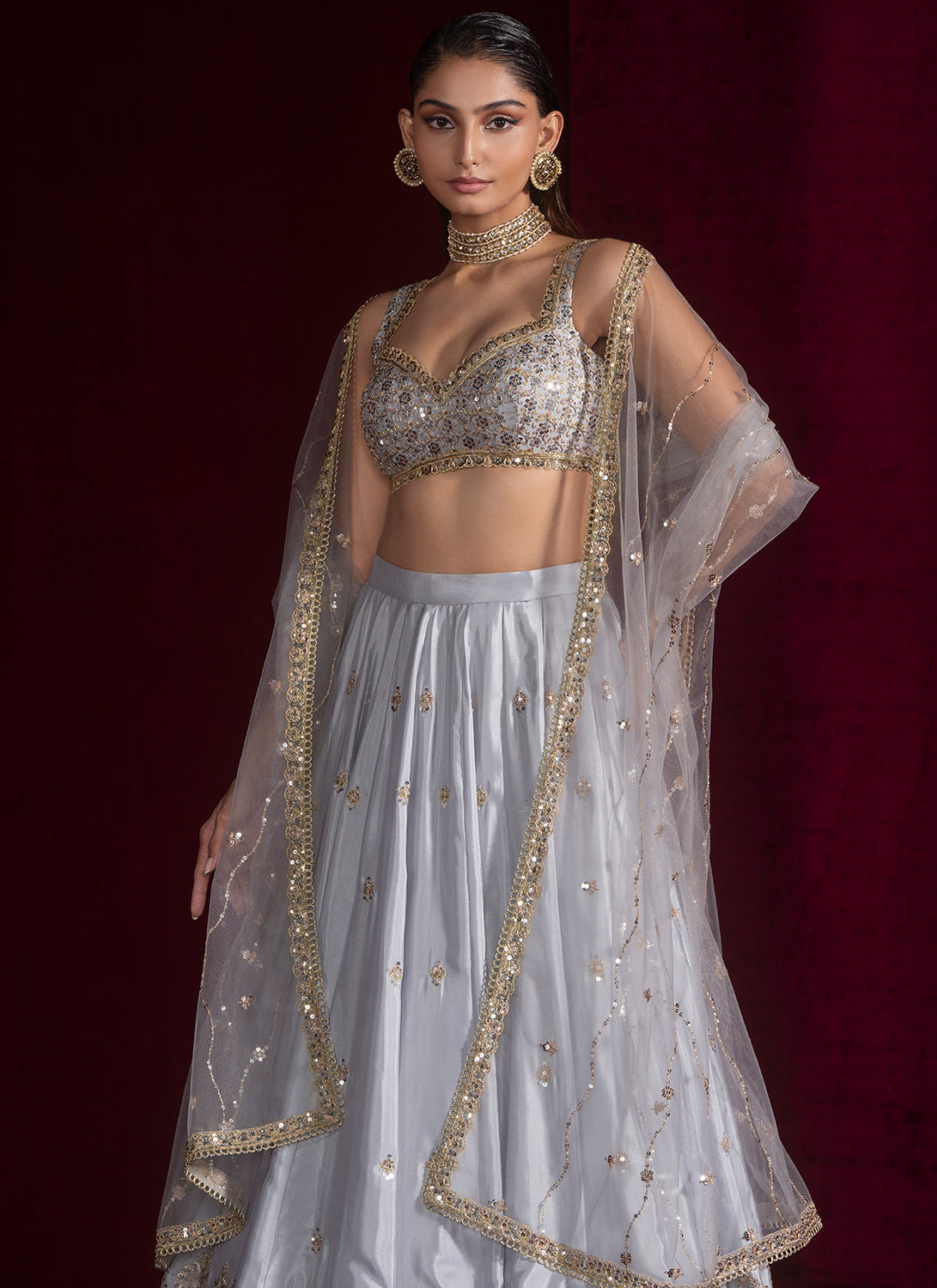 Grey Embroidered Silk Lehenga