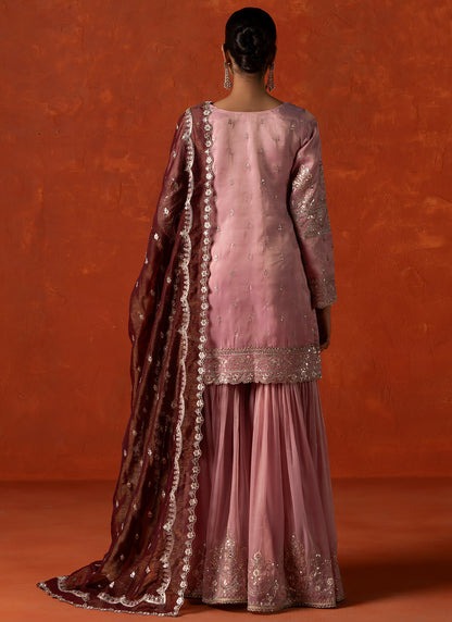 Blush Pink and Rust Embroidered Gharara Suit