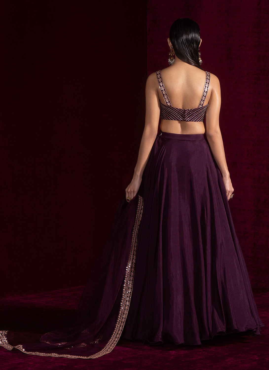 Wine Embroidered Viscose Silk Lehenga