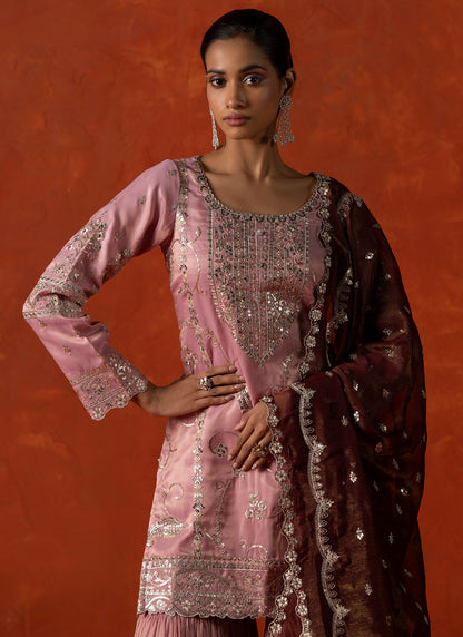 Blush Pink and Rust Embroidered Gharara Suit