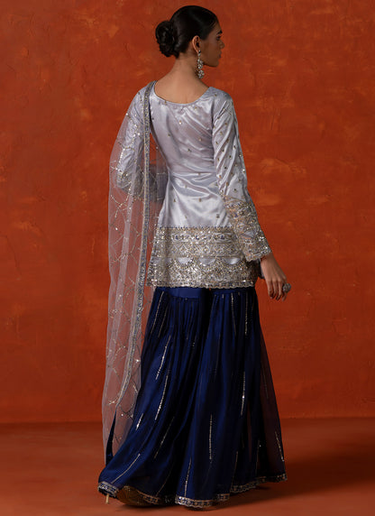 Soft Blue and Navy Blue Embroidered Gharara Suit