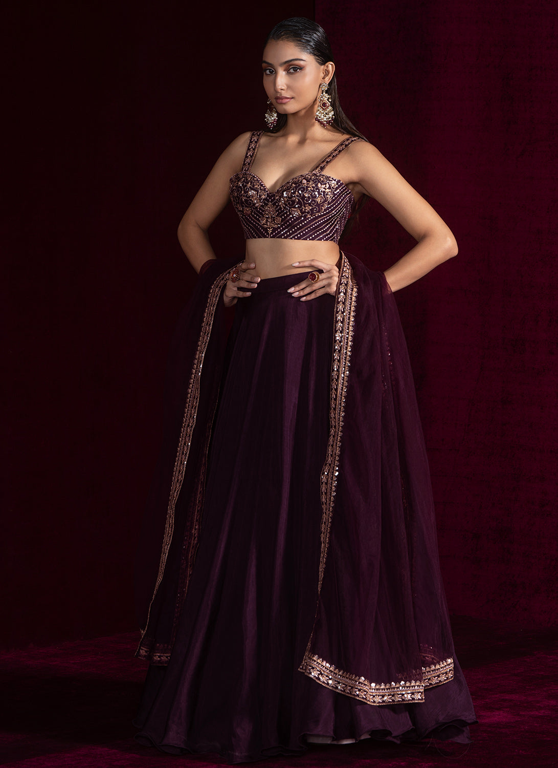 Wine Embroidered Viscose Silk Lehenga