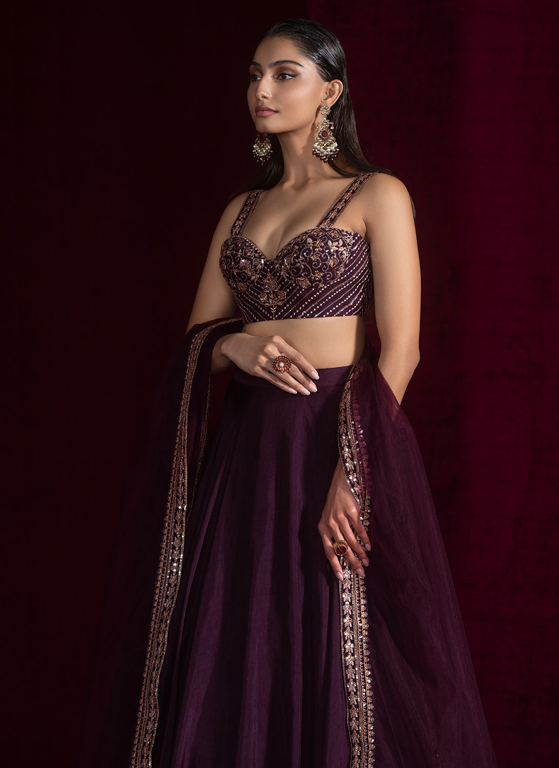 Wine Embroidered Viscose Silk Lehenga