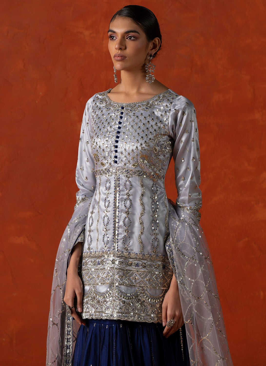 Soft Blue and Navy Blue Embroidered Gharara Suit