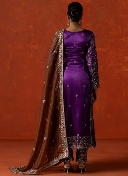 Purple and Brown Embroidered Straight Suit