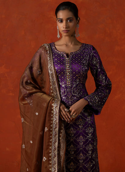 Purple and Brown Embroidered Straight Suit