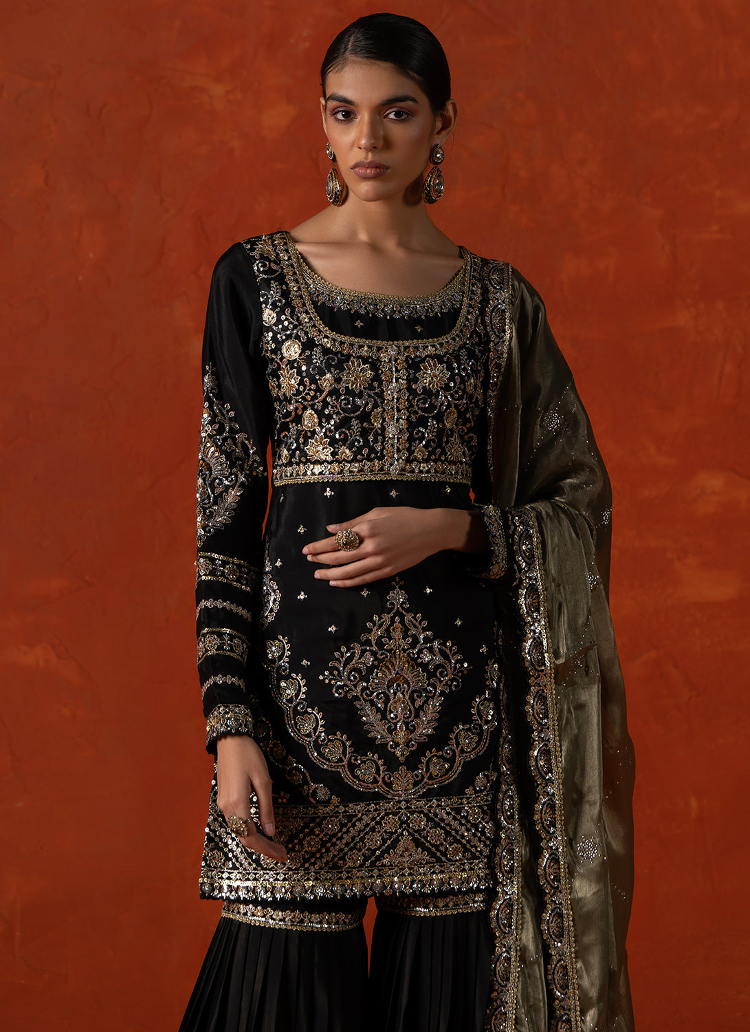 Black and Light Green Embroidered Gharara Suit