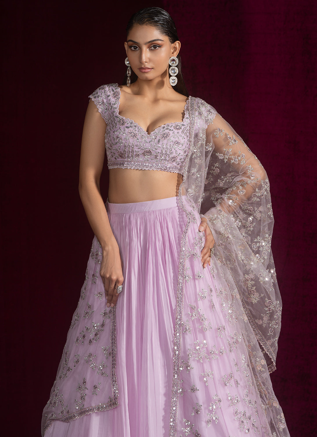 Lavender Embroidered Viscose Organza Lehenga