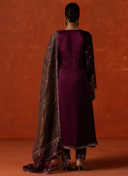 Dark Wine Embroidered Silk Straight Suit