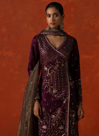 Dark Wine Embroidered Silk Straight Suit