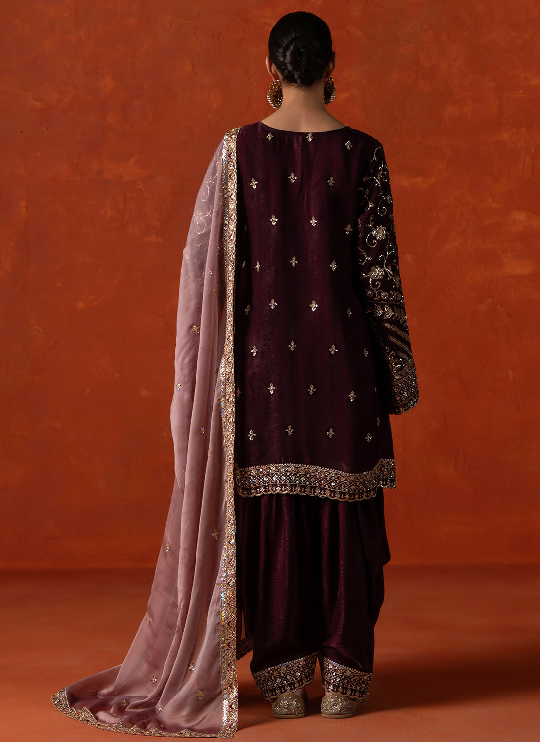 Wine and Mauve Embroidered Punjabi Suit