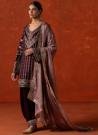 Wine and Mauve Embroidered Punjabi Suit