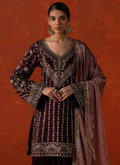 Wine and Mauve Embroidered Punjabi Suit