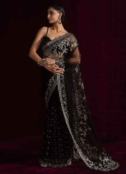 Black Embroidered Net Saree