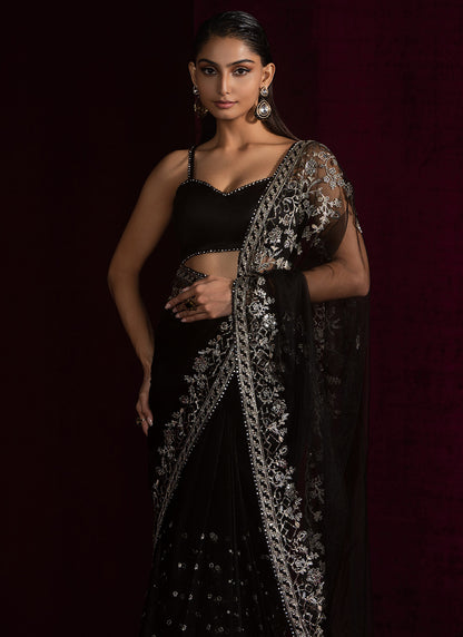 Black Embroidered Net Saree