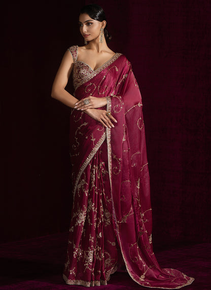 Dusty Magenta Embroidered Silk Saree