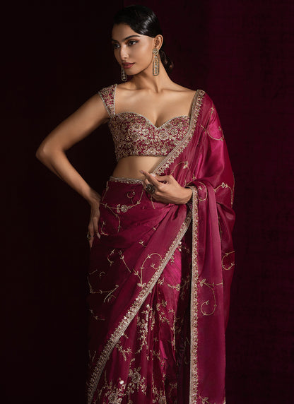 Dusty Magenta Embroidered Silk Saree