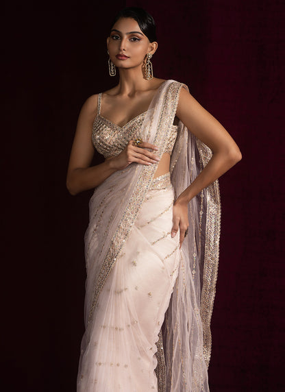 Nude Embroidered Net Saree