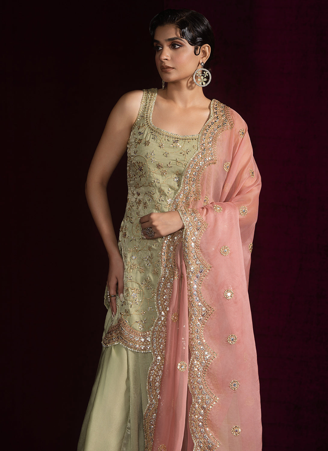 Light Green and Pink Embroidered Punjabi Suit