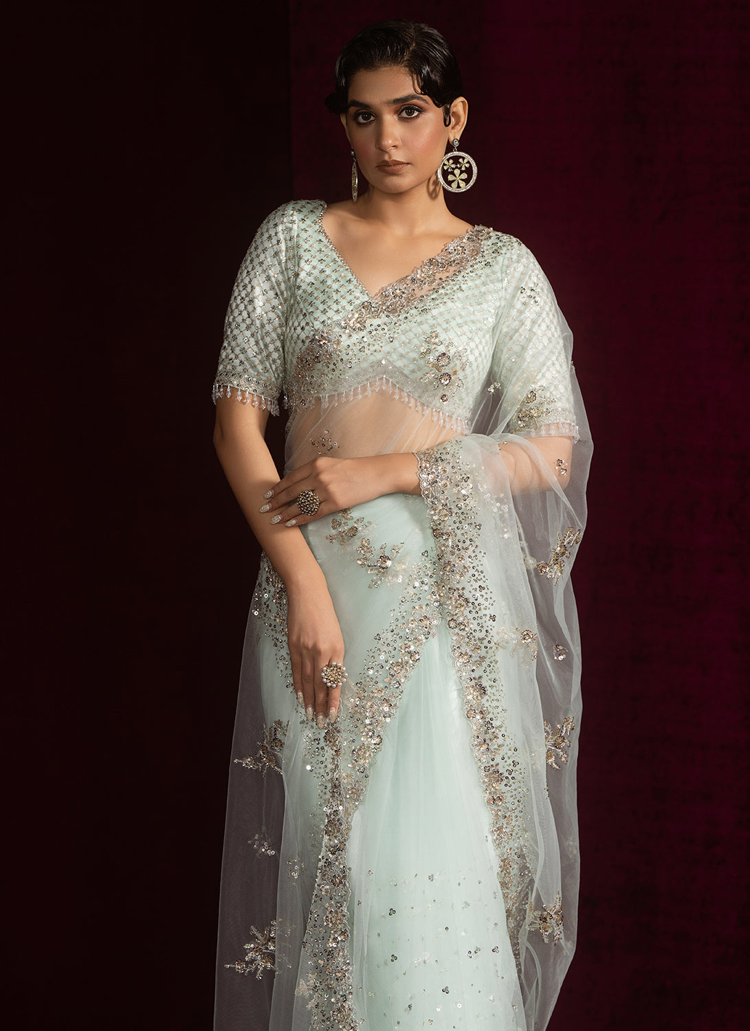 Soft Mint Embroidered Net Saree