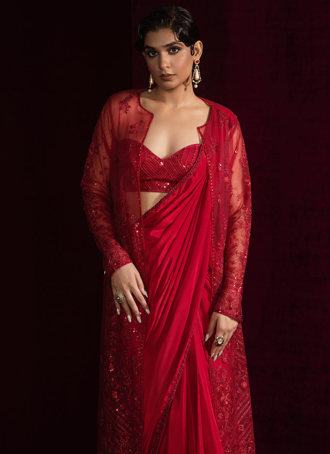 Red Embroidered Jacket Style Saree