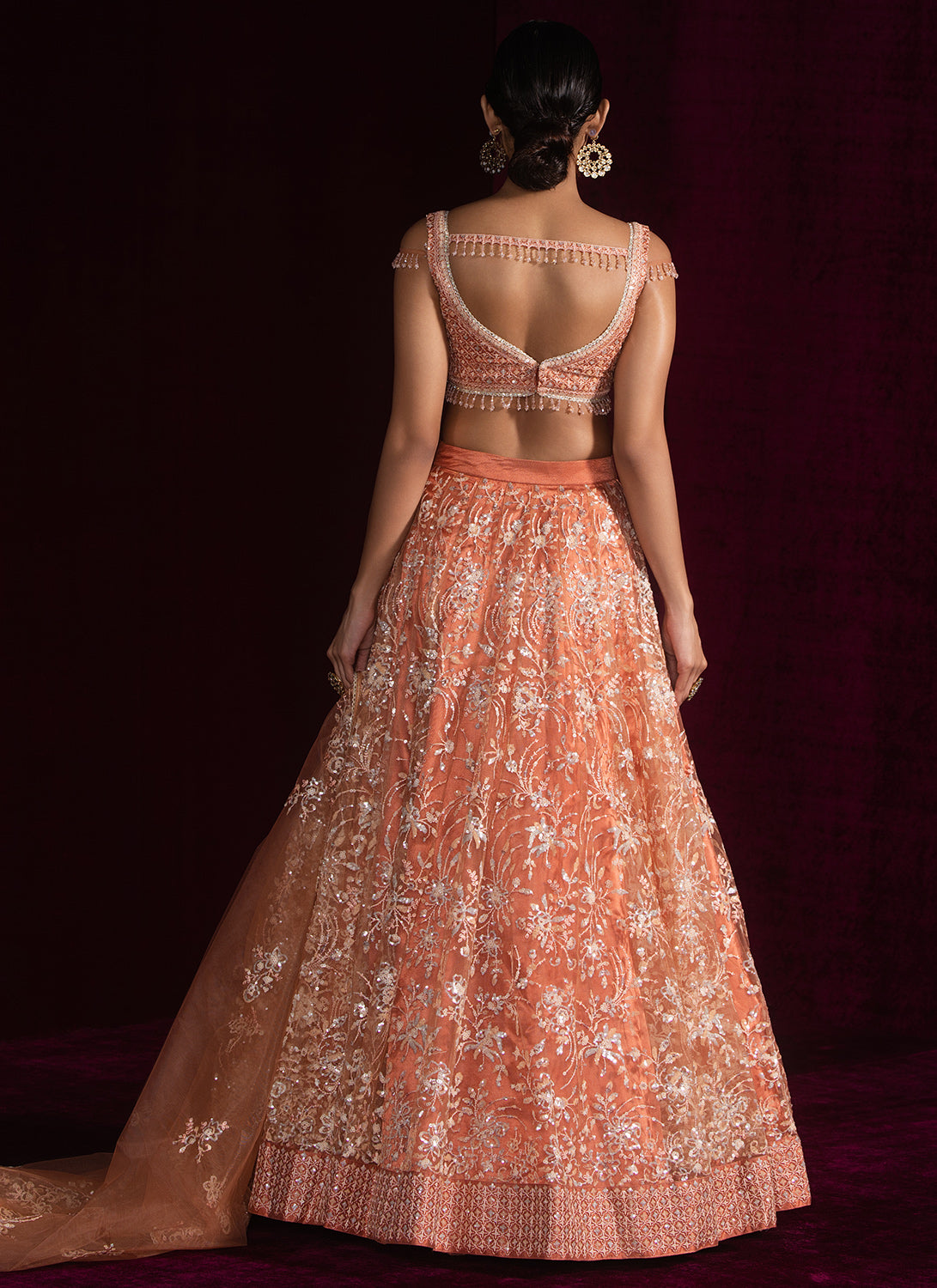 Coral Embroidered Net Lehenga