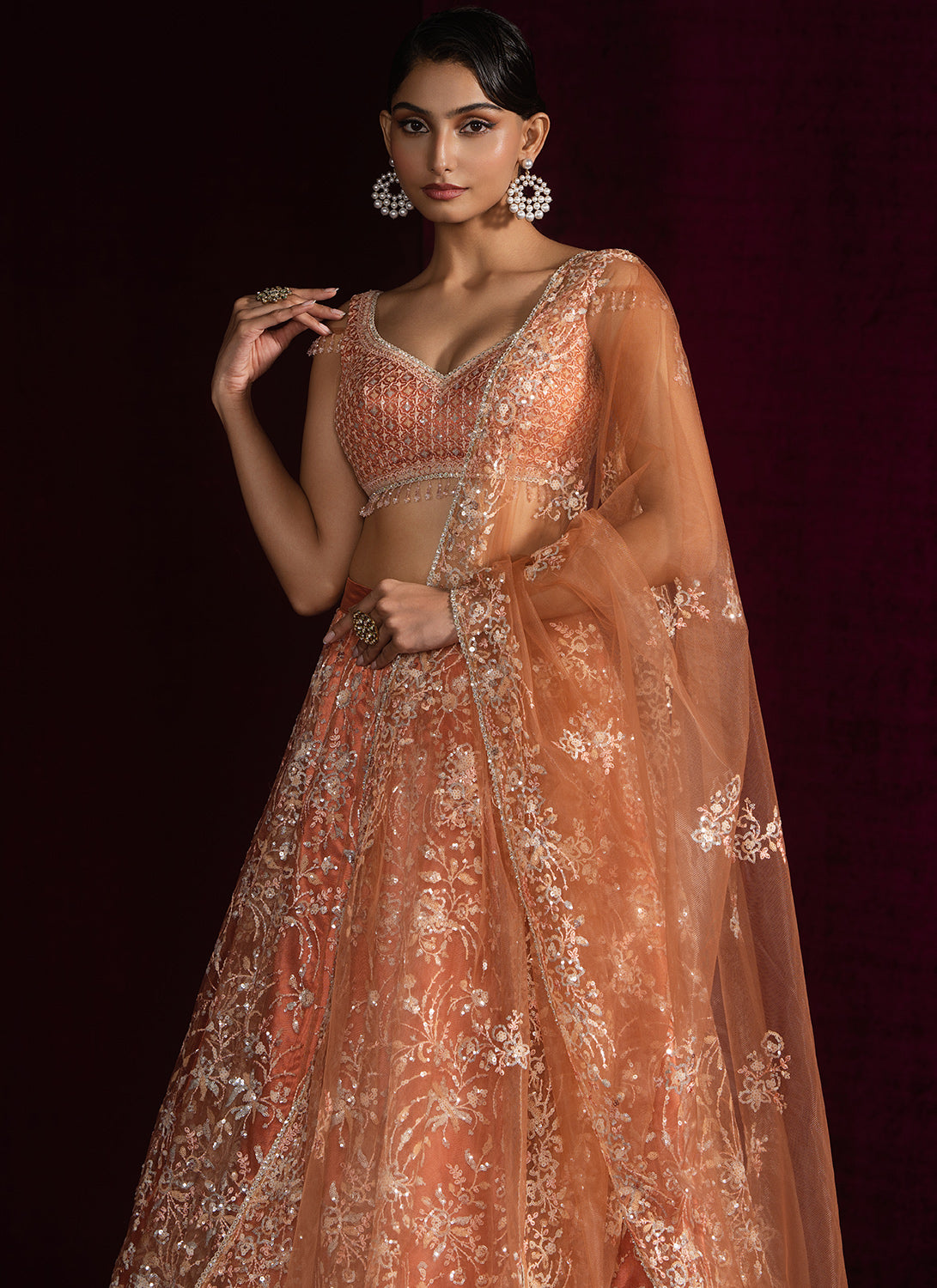 Coral Embroidered Net Lehenga