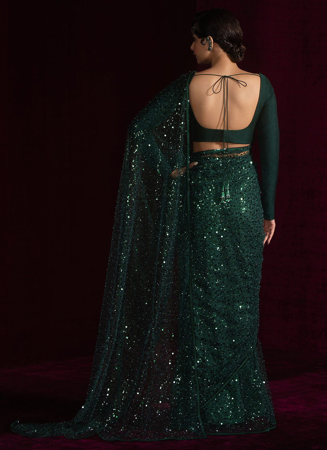 Dark Green Embroidered Net Saree