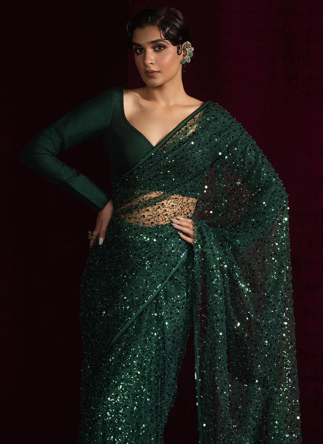 Dark Green Embroidered Net Saree