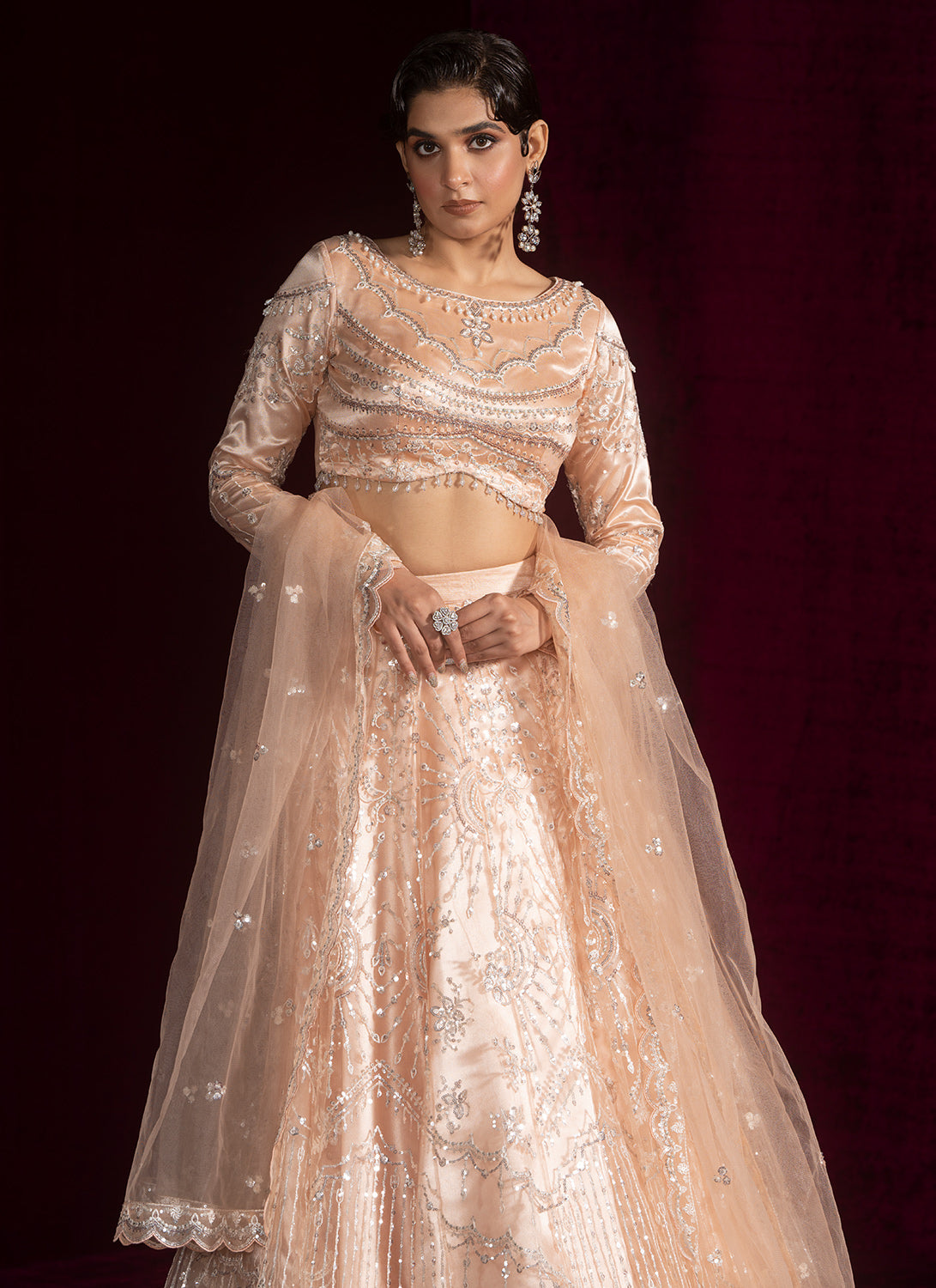 Soft Peach Embroidered Net Lehenga