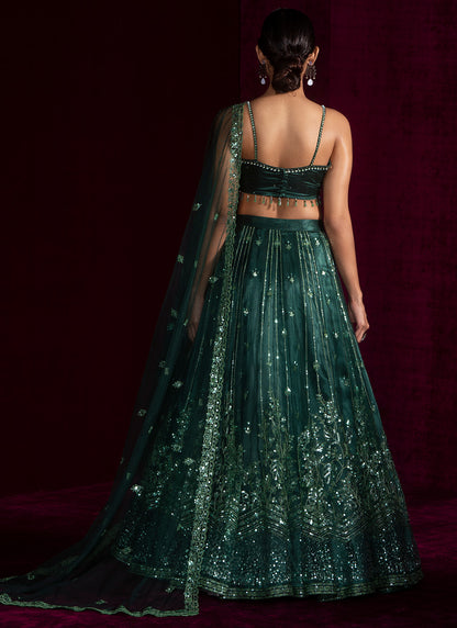 Dark Green Embroidered Net Lehenga