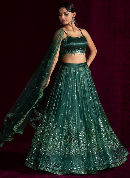 Dark Green Embroidered Net Lehenga