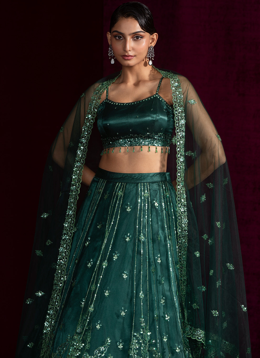 Dark Green Embroidered Net Lehenga