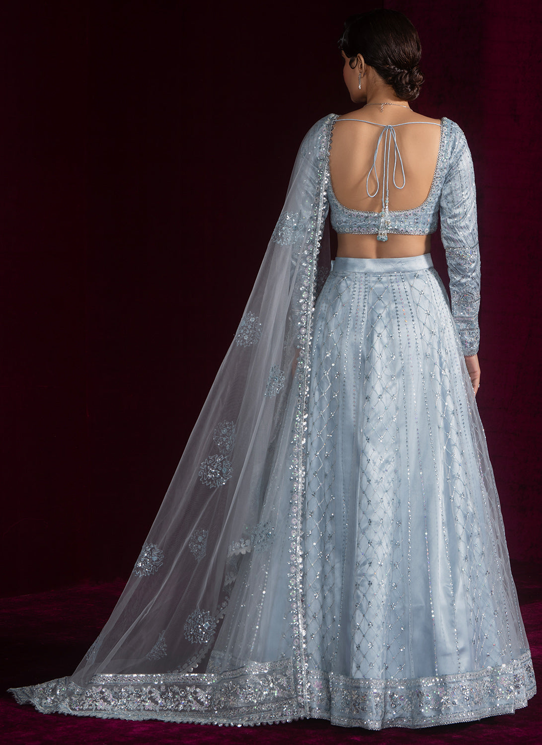 Light Blue Embroidered Net Lehenga