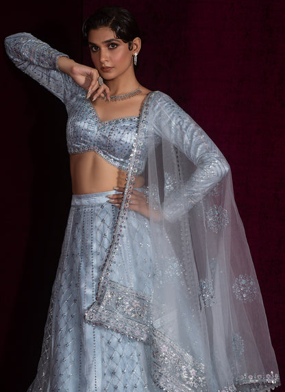 Light Blue Embroidered Net Lehenga