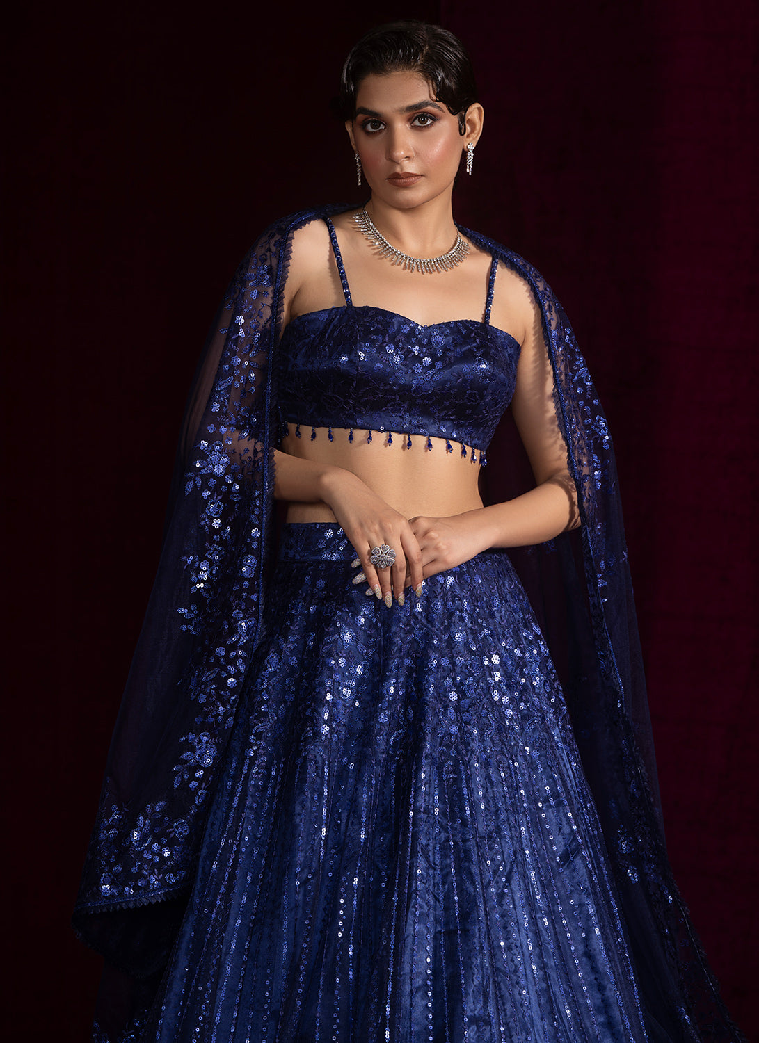 Navy Blue Embroidered Net Lehenga