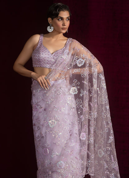 Soft Purple Embroidered Net Saree