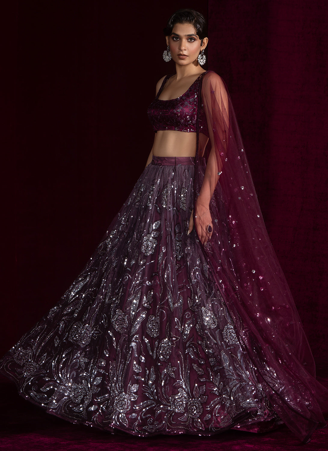 Wine Embroidered Net Lehenga