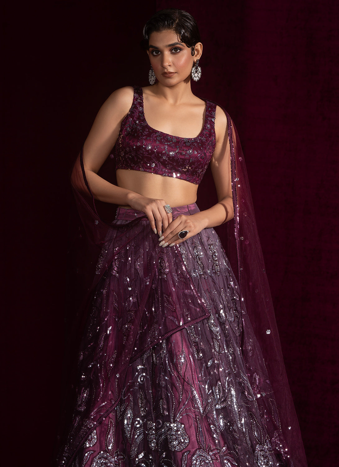 Wine Embroidered Net Lehenga