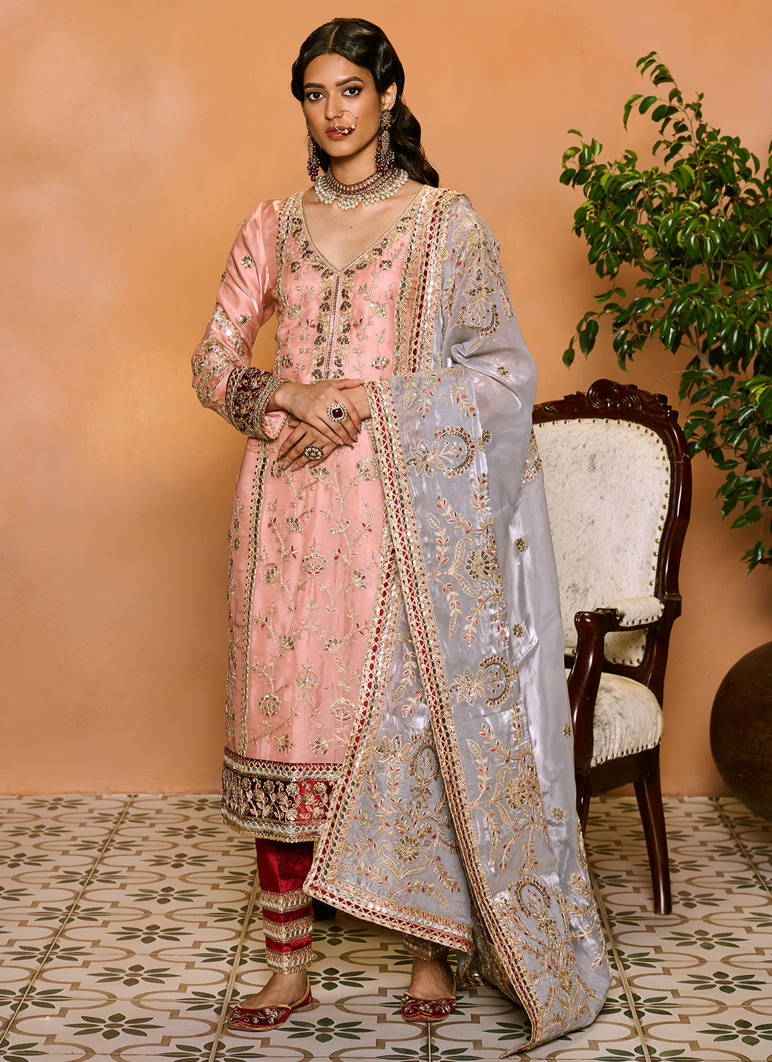 Peach and Maroon Embroidered Straight Suit
