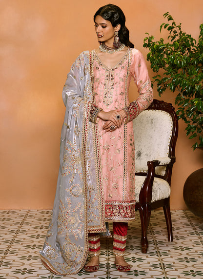 Peach and Maroon Embroidered Straight Suit