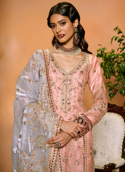 Peach and Maroon Embroidered Straight Suit