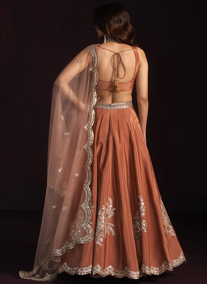 Rust Brown Embroidered Crepe Lehenga