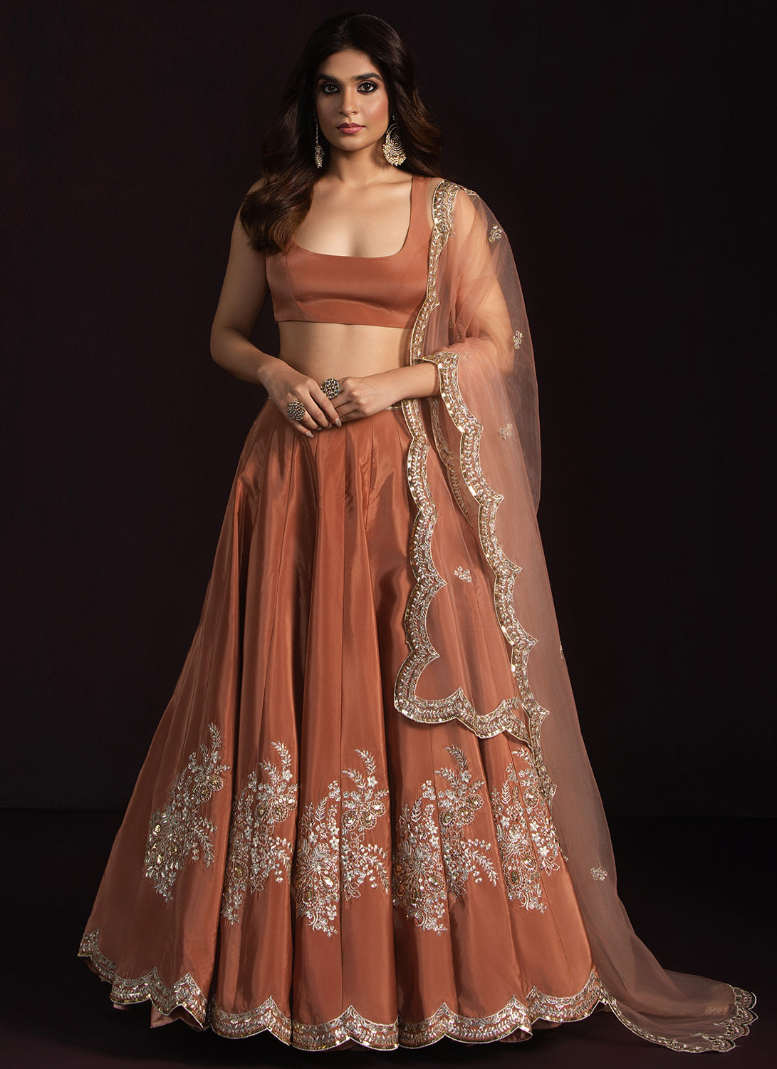 Rust Brown Embroidered Crepe Lehenga