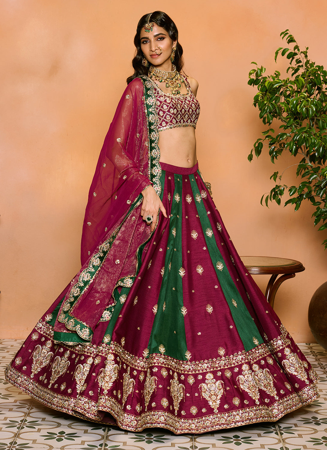 Wine and Green Embroidered Lehenga