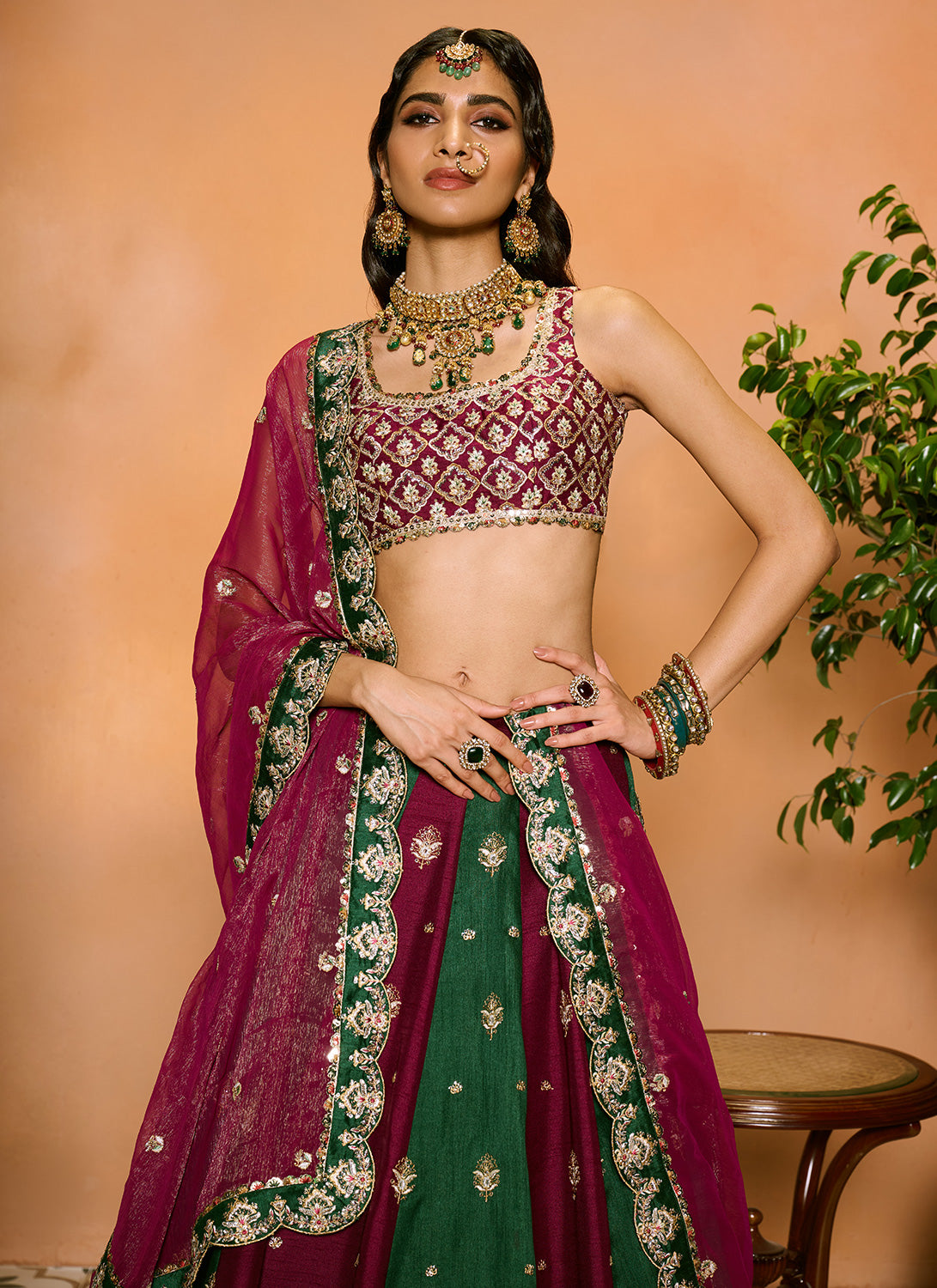 Wine and Green Embroidered Lehenga