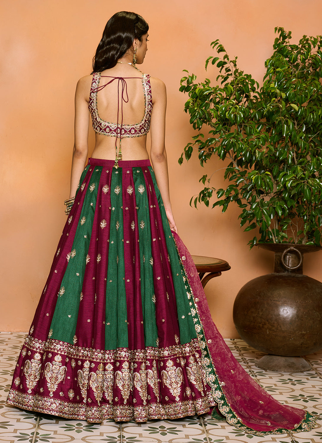 Wine and Green Embroidered Lehenga