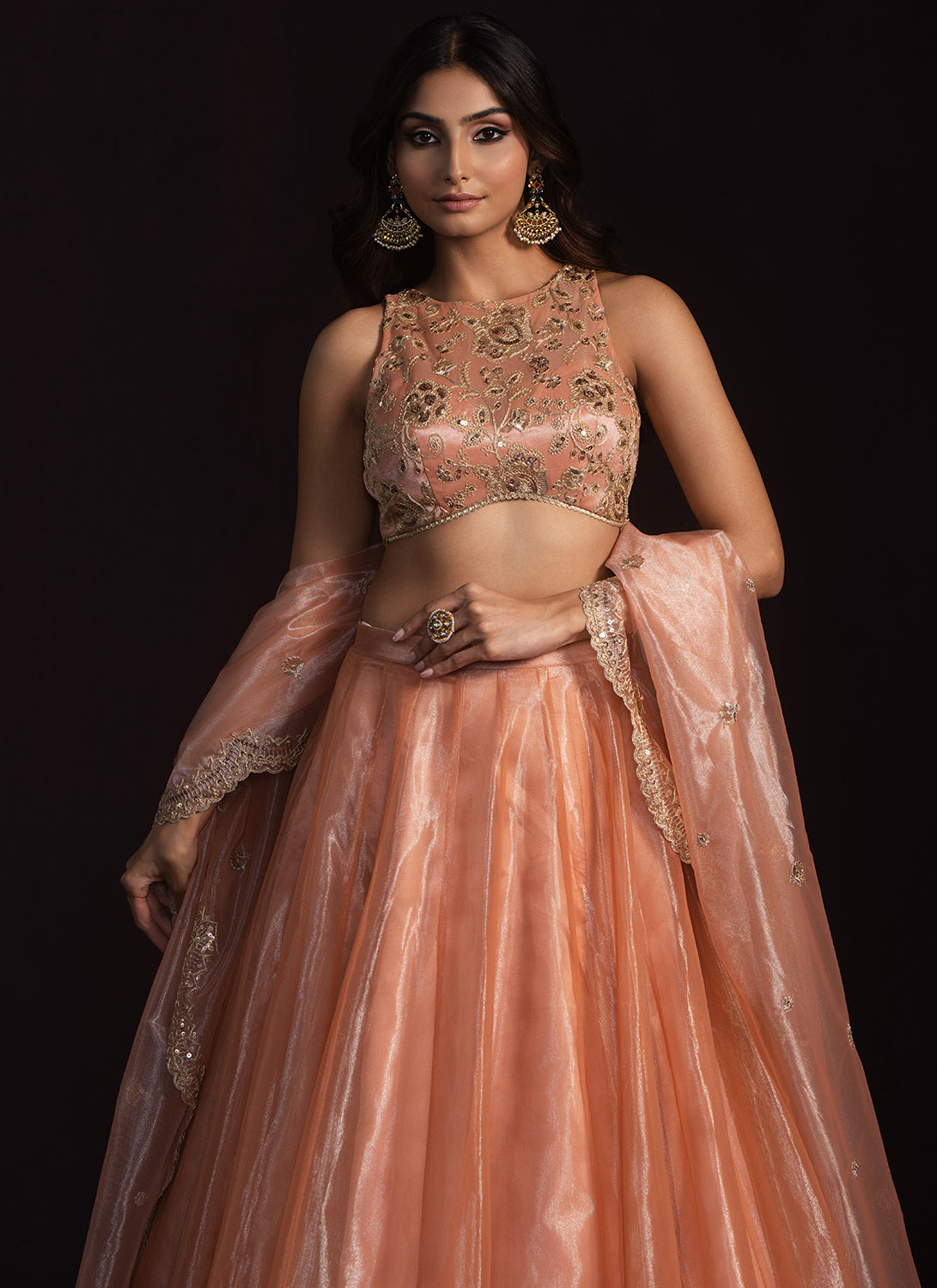 Coral Embroidered Crepe Lehenga